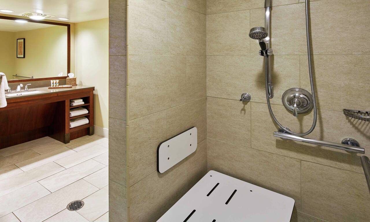 Accessible Shower Diamond Head Guestroom Bathroom with Mirror, Vanity, and Roll-In Shower with Seat