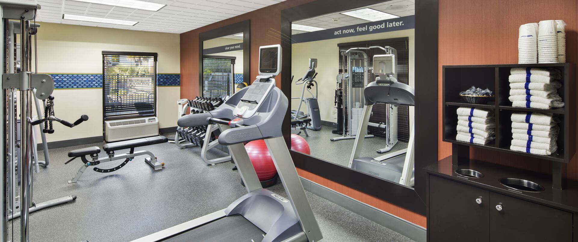 Fitness Center with Treadmill, Weight Machine, Weight Bench and Dumbbell Rack