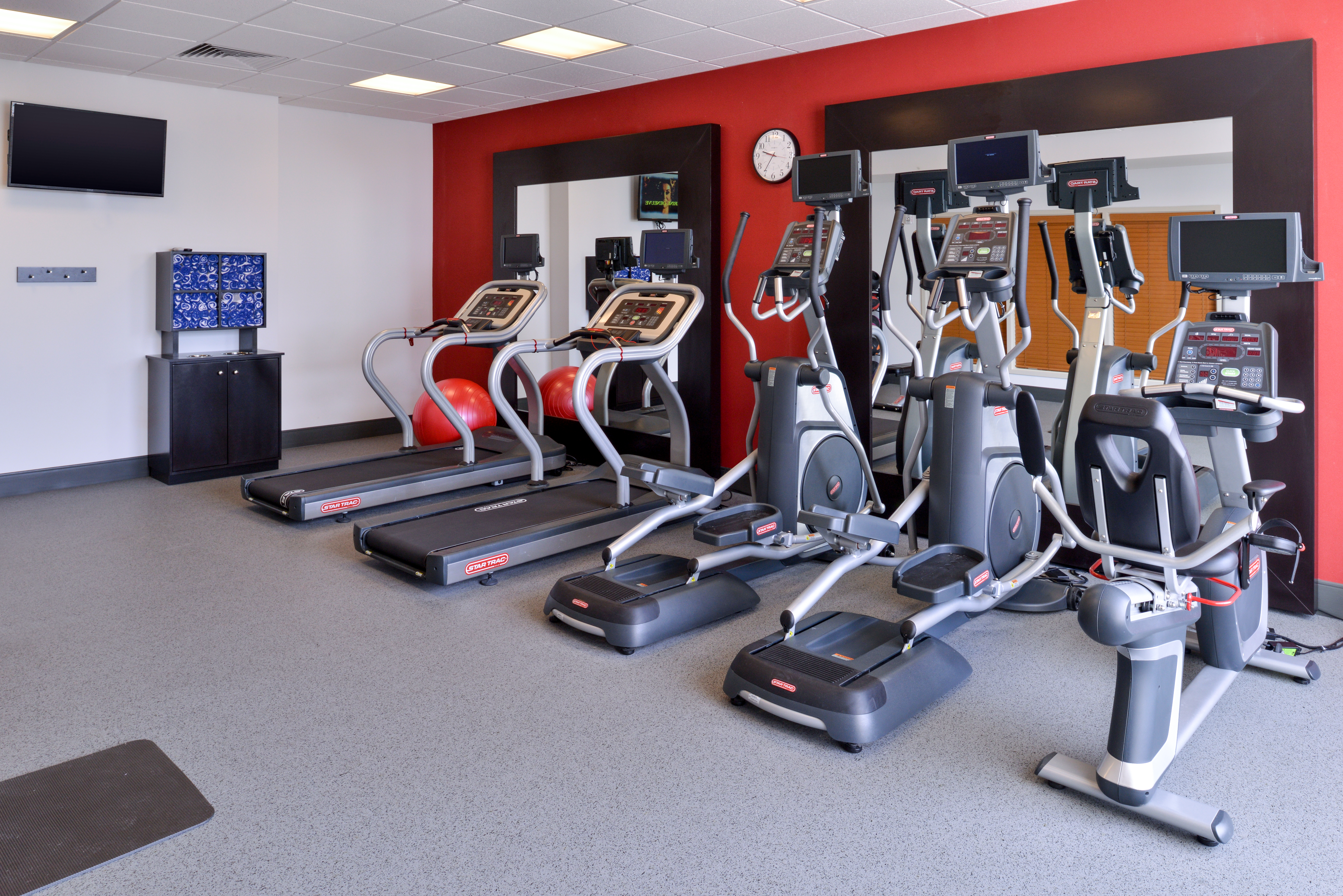 Fitness Center With TV, Red Exercise Ball, and Cardio Equipment in front of Two Large Mirrors