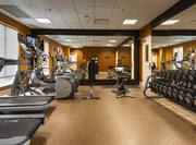 Fitness Center With Cardio Equipment,TV, Weight Bench, Mirrored Wall, and Free Weights