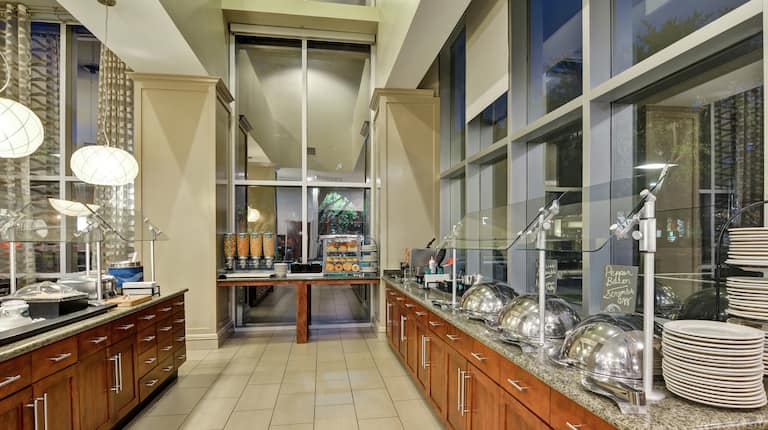 Breakfast Buffet on Counters of Food Service Area
