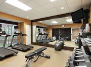 Bright fitness center featuring floor to ceiling mirror, cardio machines, free weights, TV, and complimentary towels. 