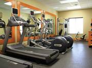 Fitness Center With Cardio Equipment and Weight Machine Facing Large Mirrors, WIndow, Towel Station, and Weight Balls