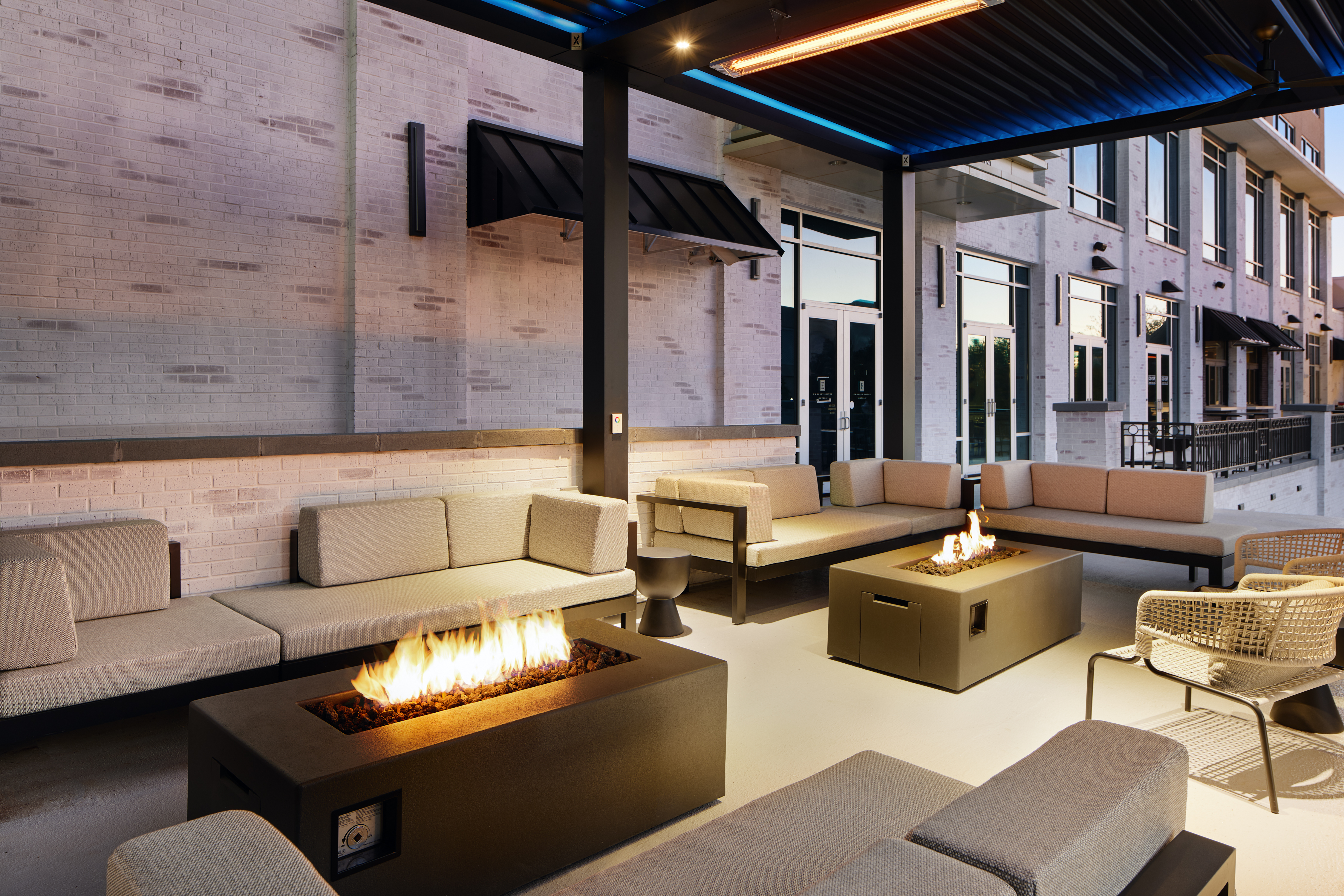 outdoor fireplace and lounge seating