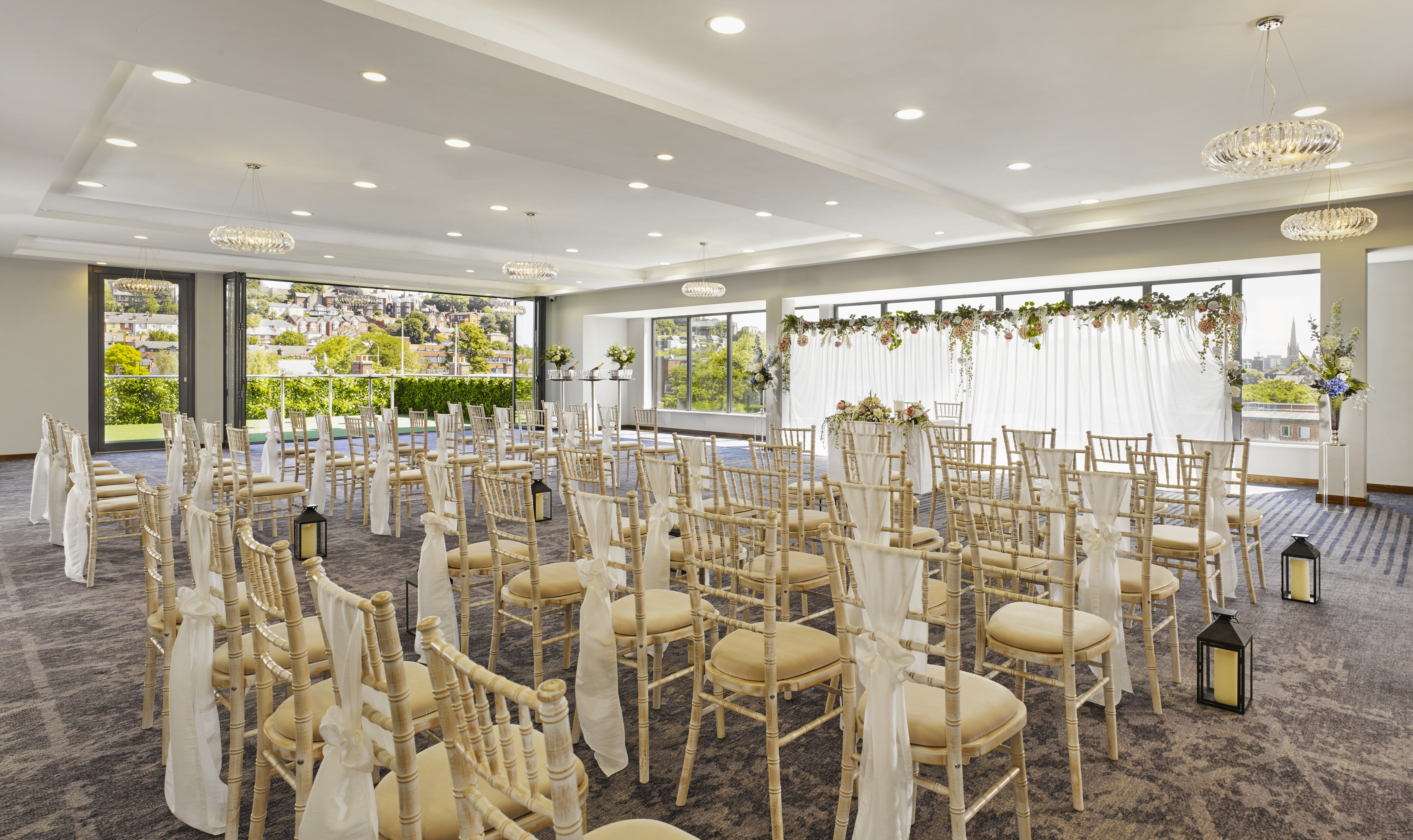ballroom with wedding ceremony setup