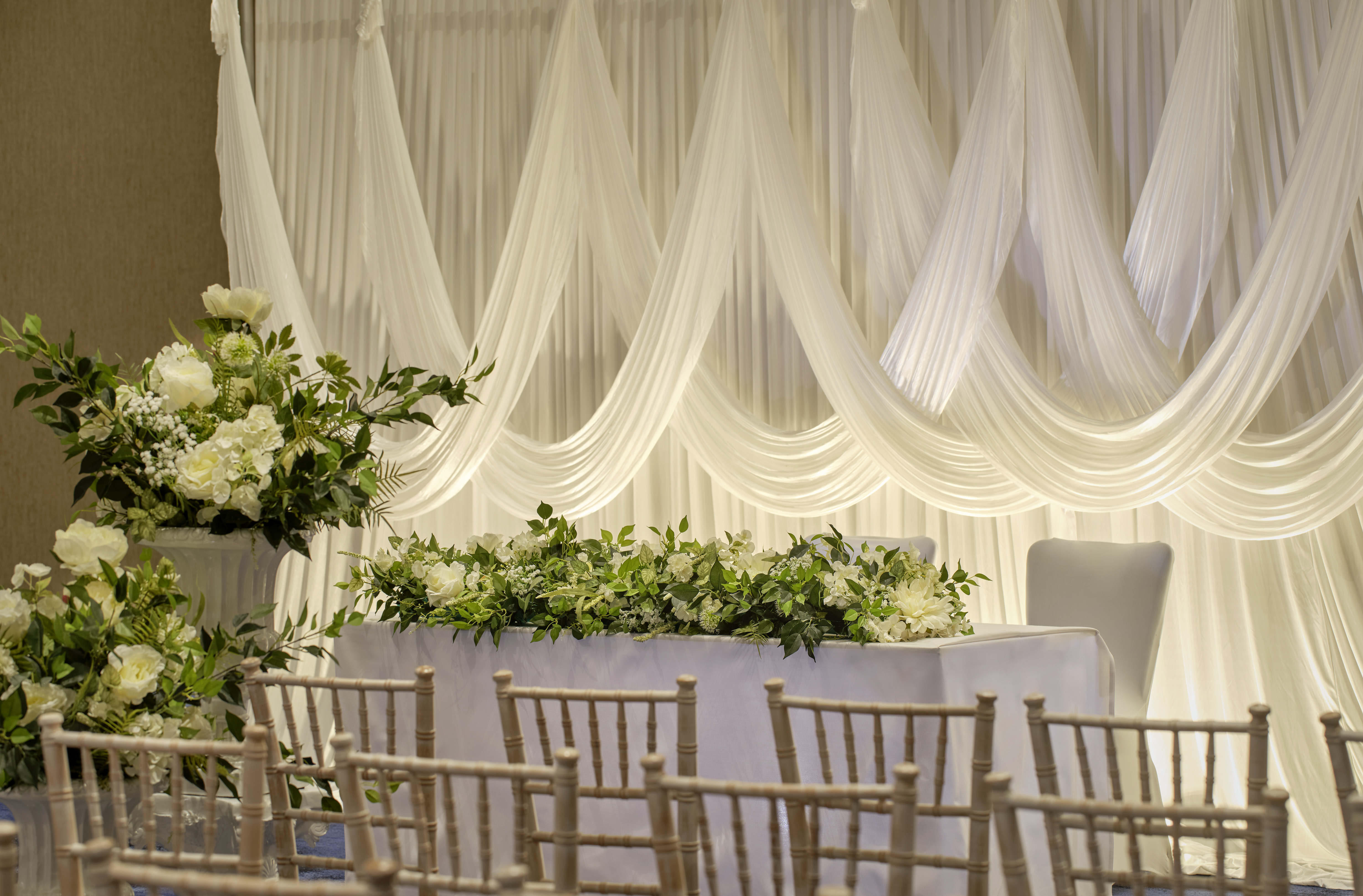 wedding setup details in ballroom