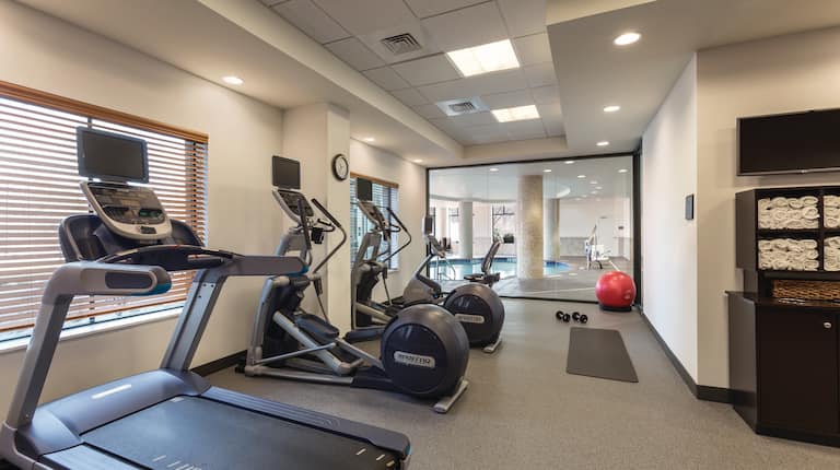 Fitness Center With Cardio Equipment Facing Windows, Free Weights, Exercise Ball,  and Large Window With View of Indoor Pool