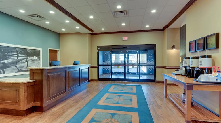 Lobby Entrance, Front Desk and Coffee Station 