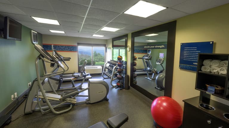 Fitness Center with Recumbent Bikes Treadmill Weights and Exercise Ball