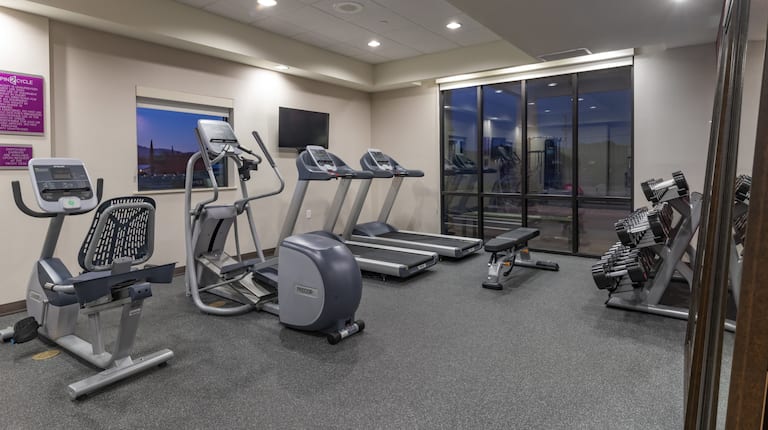 Fitness Center with Treadmills, Cross-Trainer, Cycle Machine, Weight Bench and Dumbbell Rack