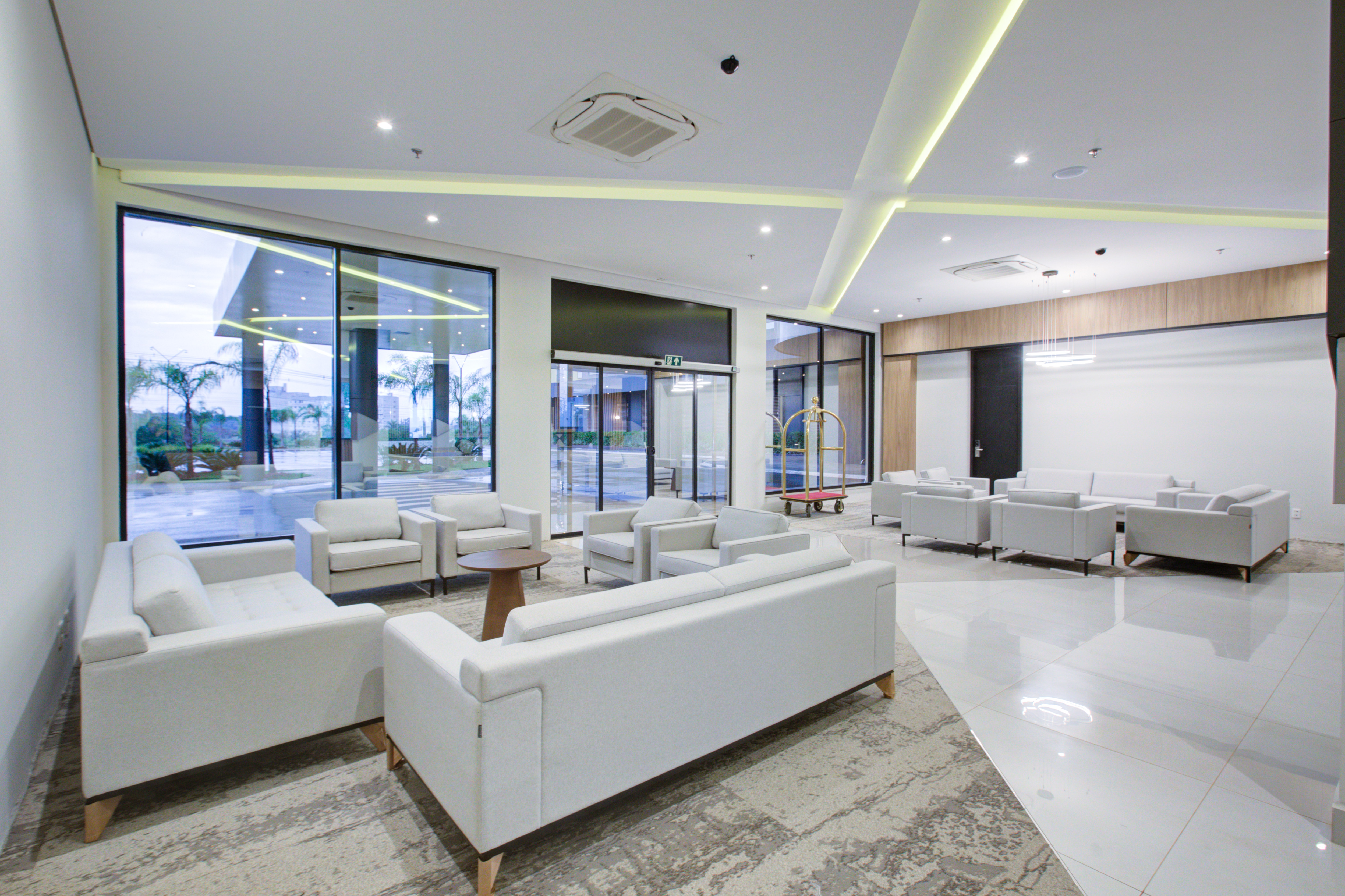 Lobby seating area with chairs and sofas