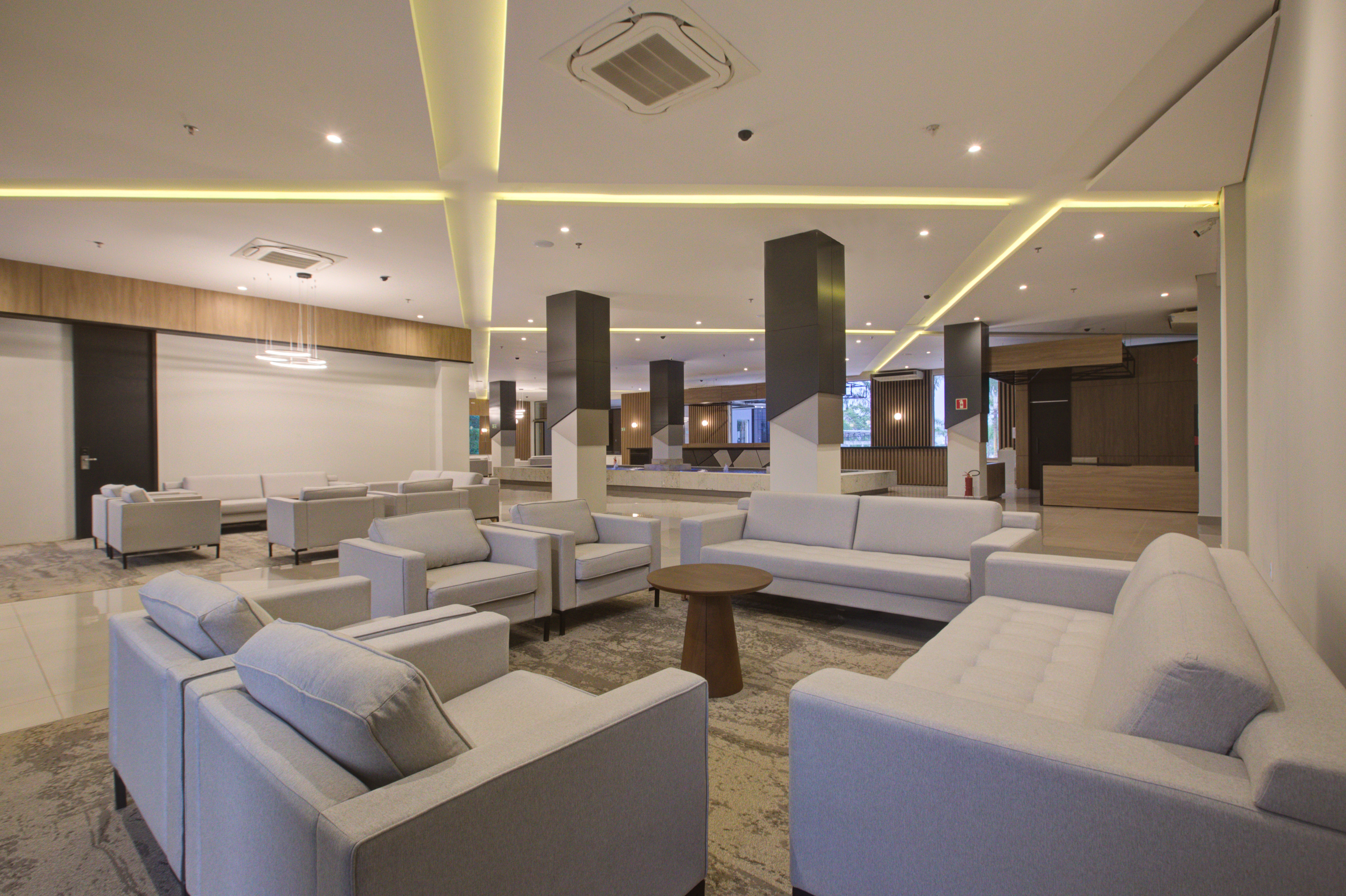 Lobby seating area with sofas and chairs