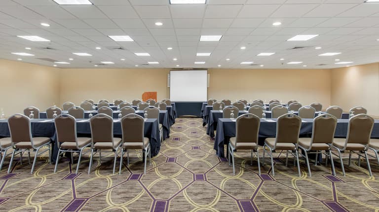 Meeting Room with Projector Screen, Tables, and Chairs