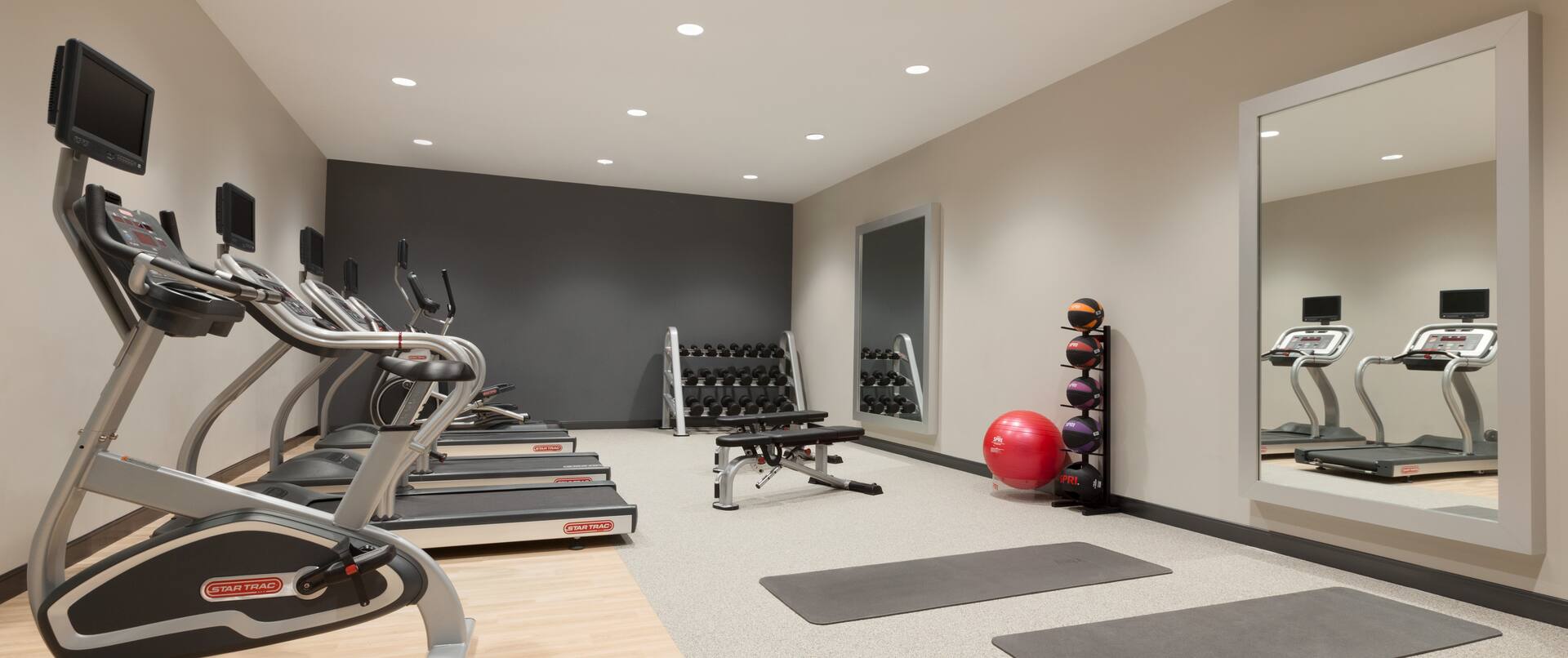 Fitness Center with Treadmills, Cycle Machine, Dumbbell Rack, Weight Bench, Gym Ball and Medicine Ball Rack