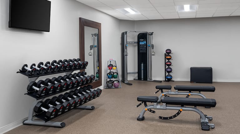 Fitness center with free weights and benches