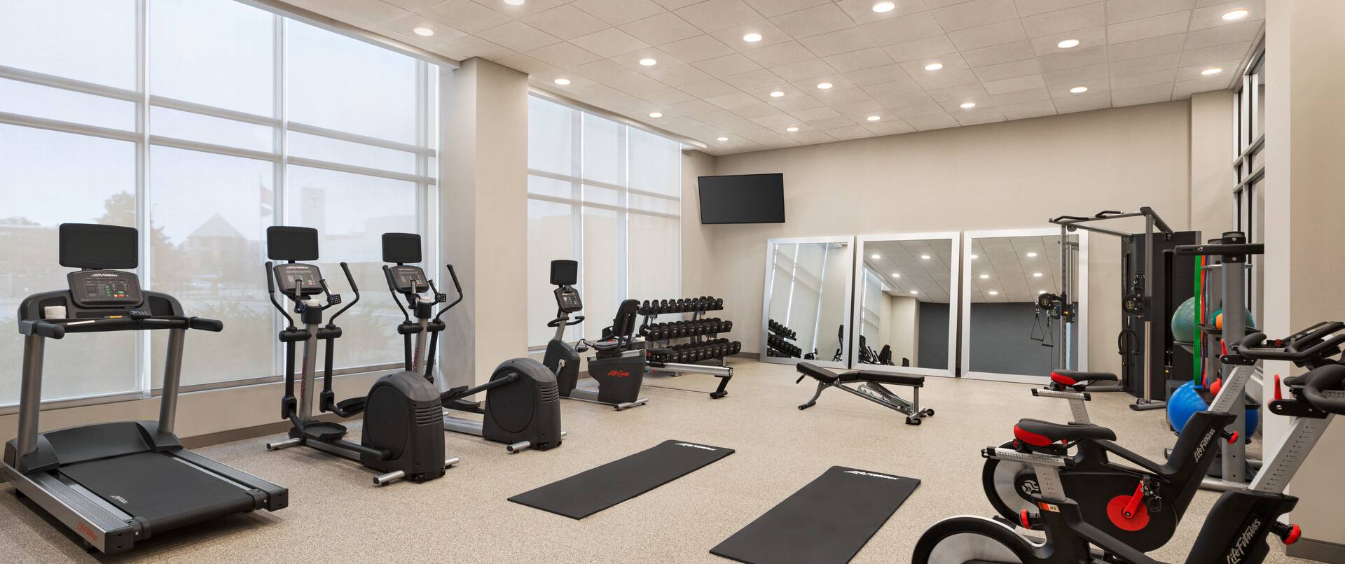 on-site fitness center, Peloton bikes, ellipticals, treadmill, free weights, weight bench