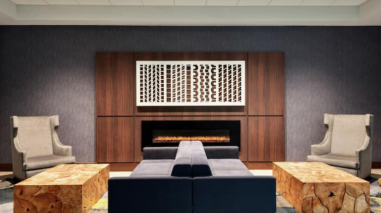 Lobby seating area with fireplace