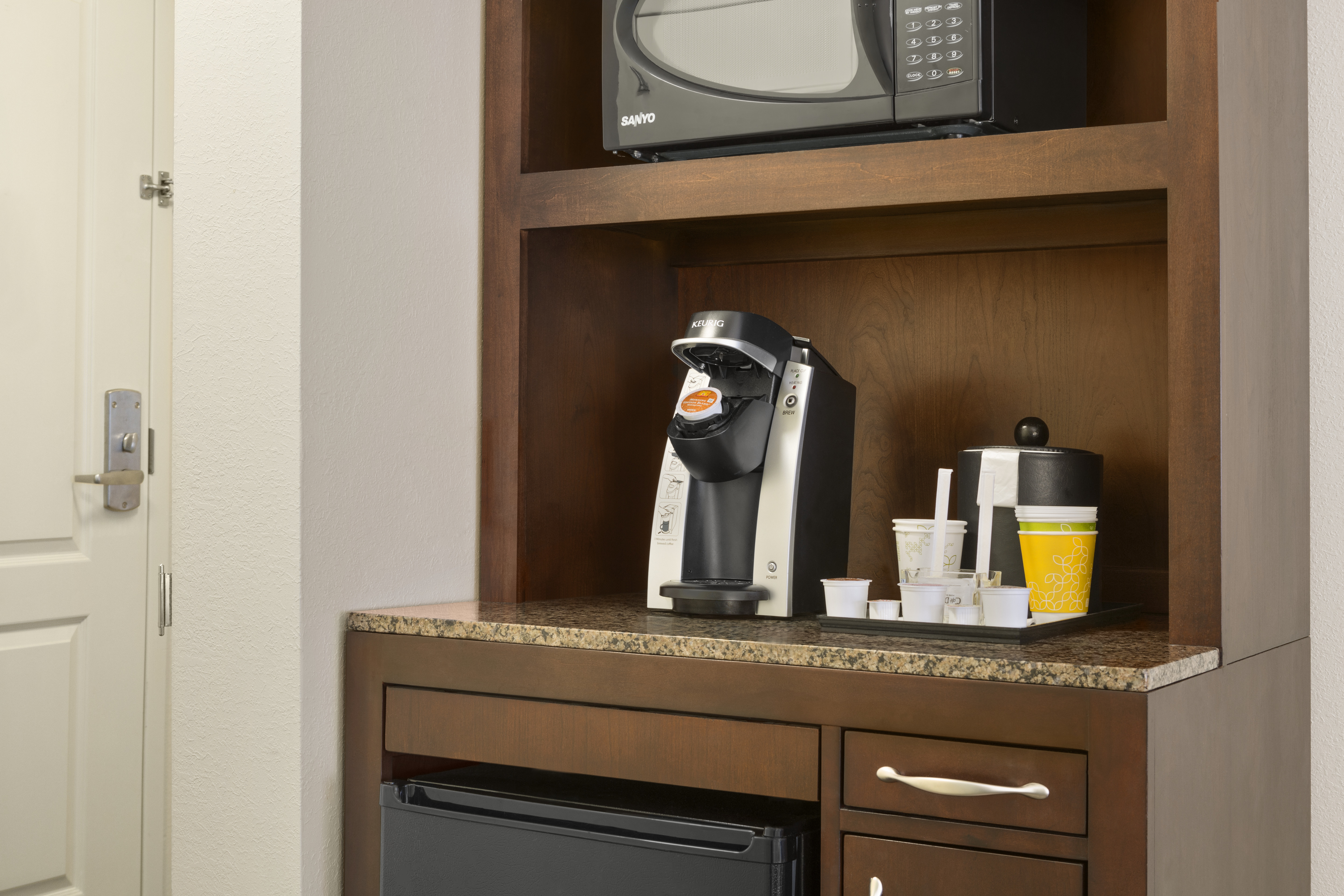 Hospitality Center With Microwave, Mini-Fridge, and Keurig by Entry