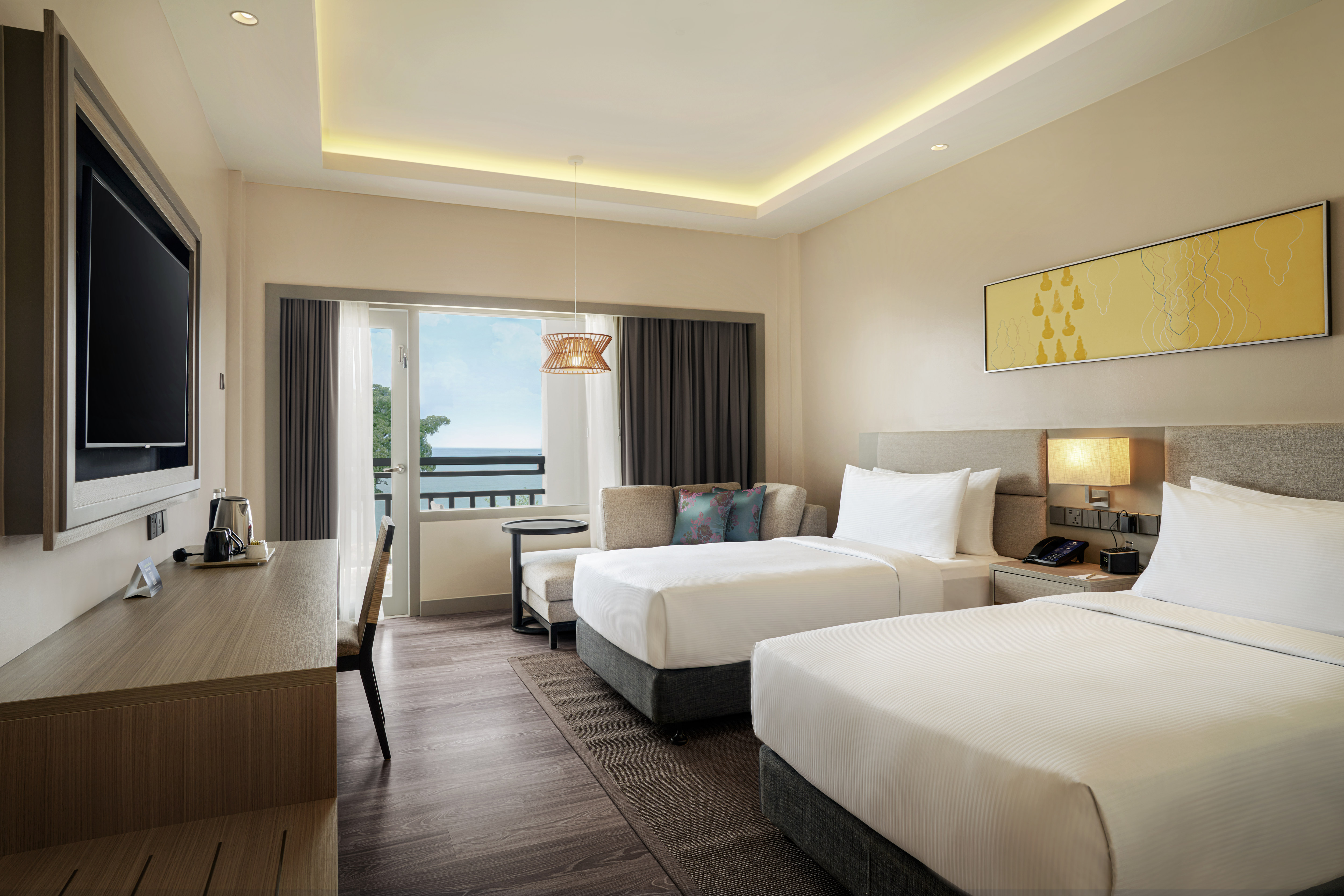 Executive twin beds room with sea view, wall mounted TV and sofa
