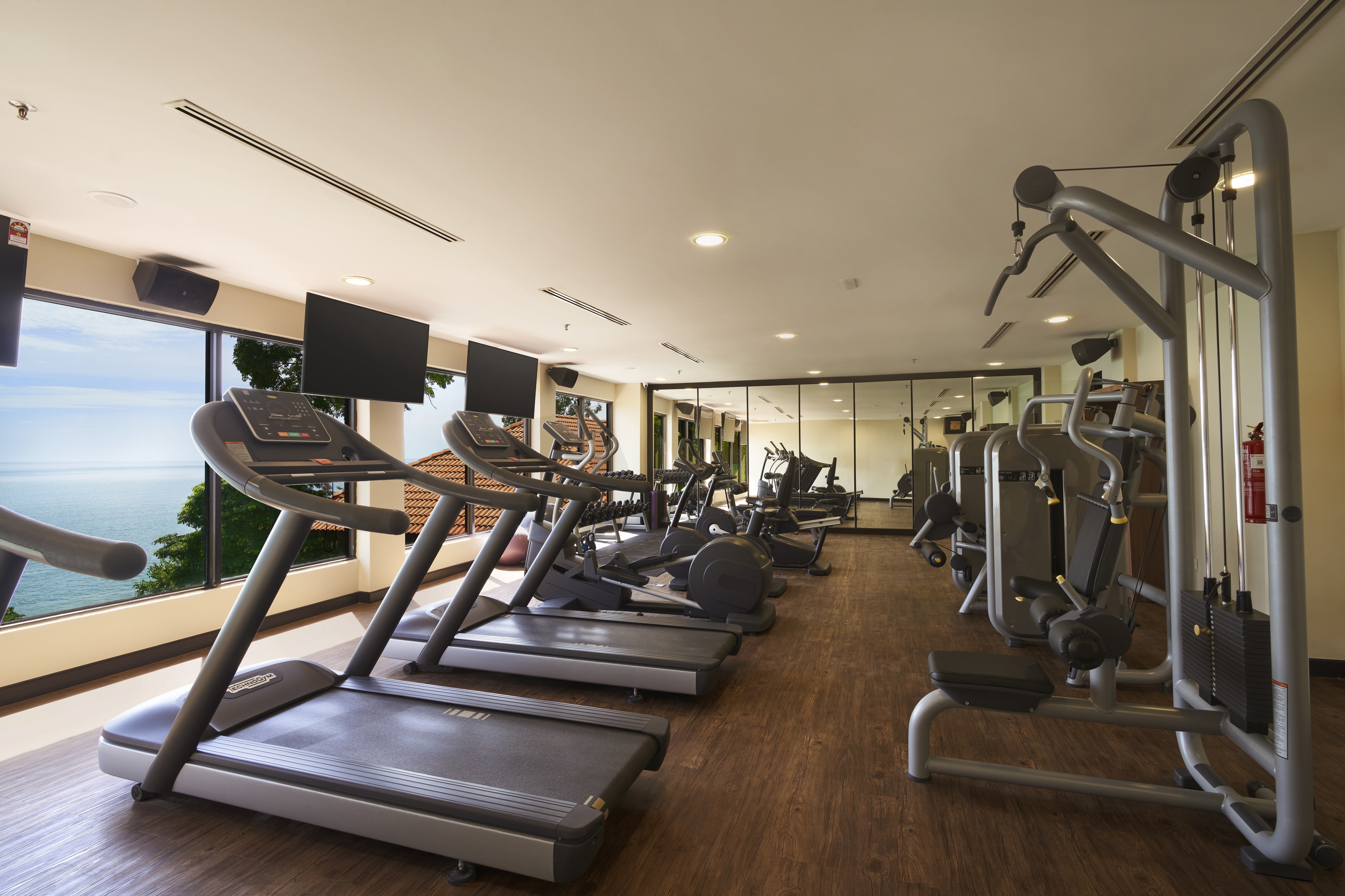 Fitness center treadmills and weight machines