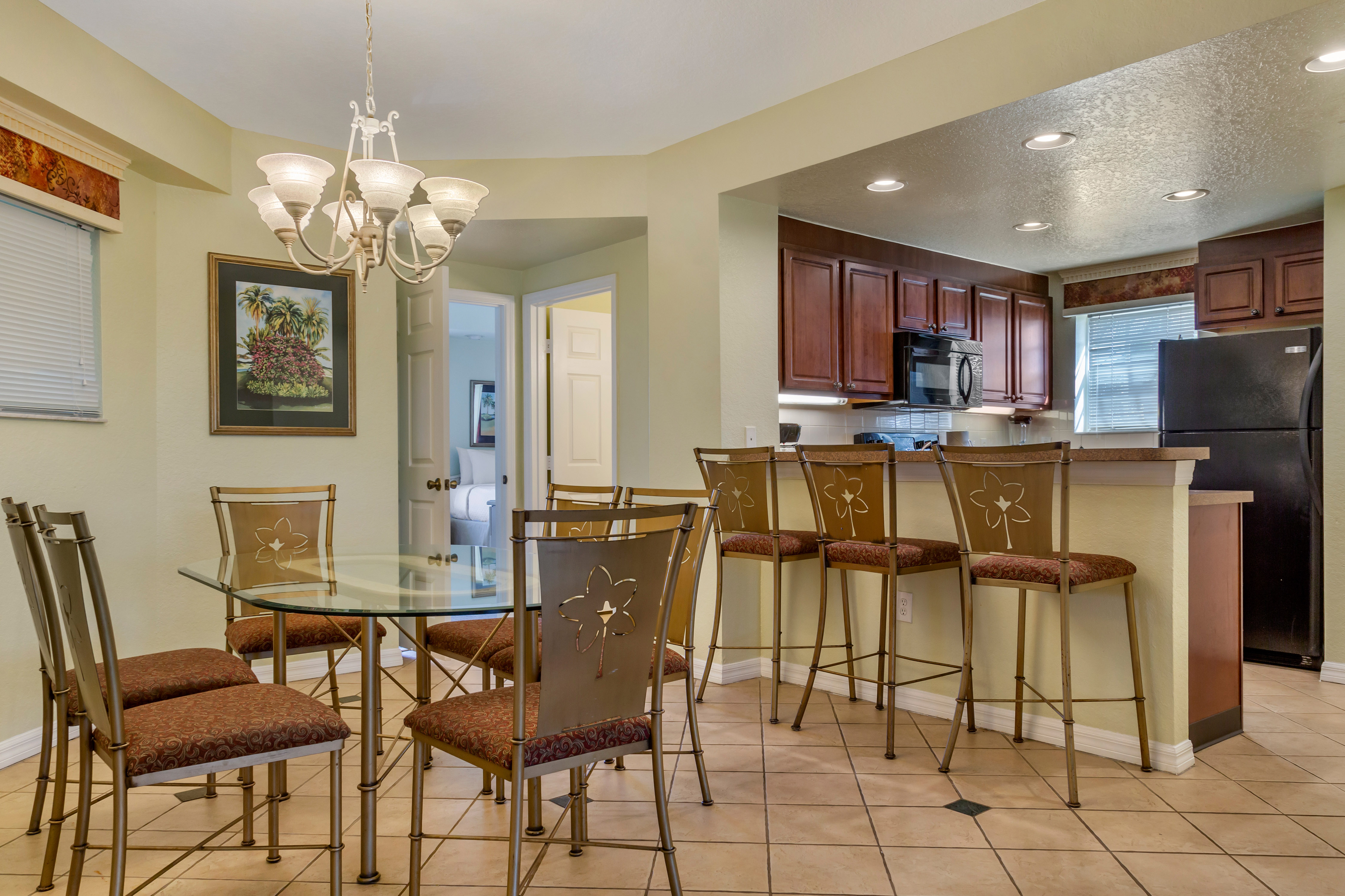 Kitchen counter and dining area with table