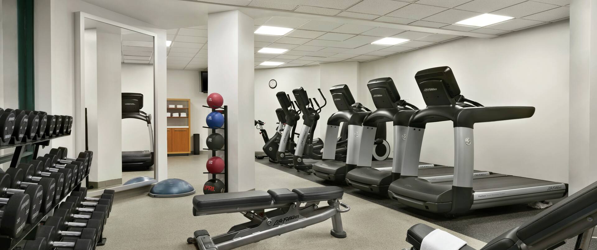 Fitness Center with Treadmills, Dumbbells, and Mirrors