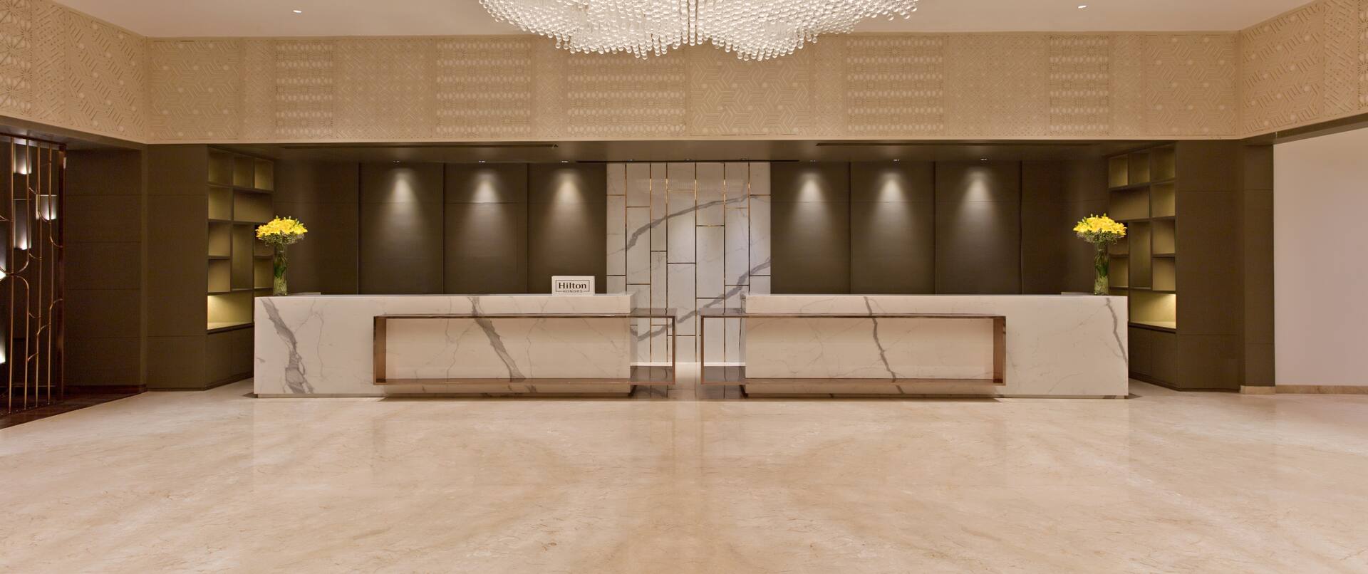 Lobby area with chandelier