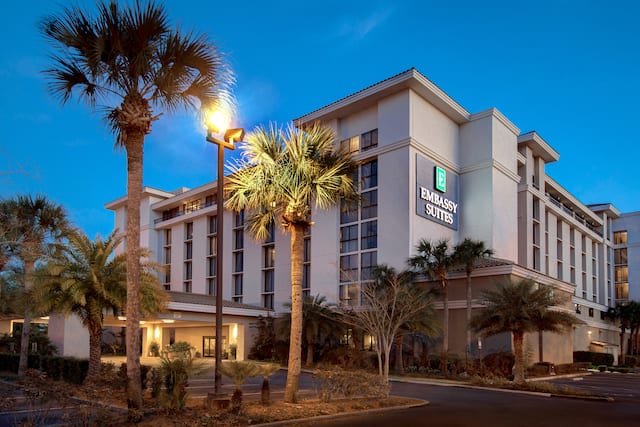 exterior front of hotel at dusk