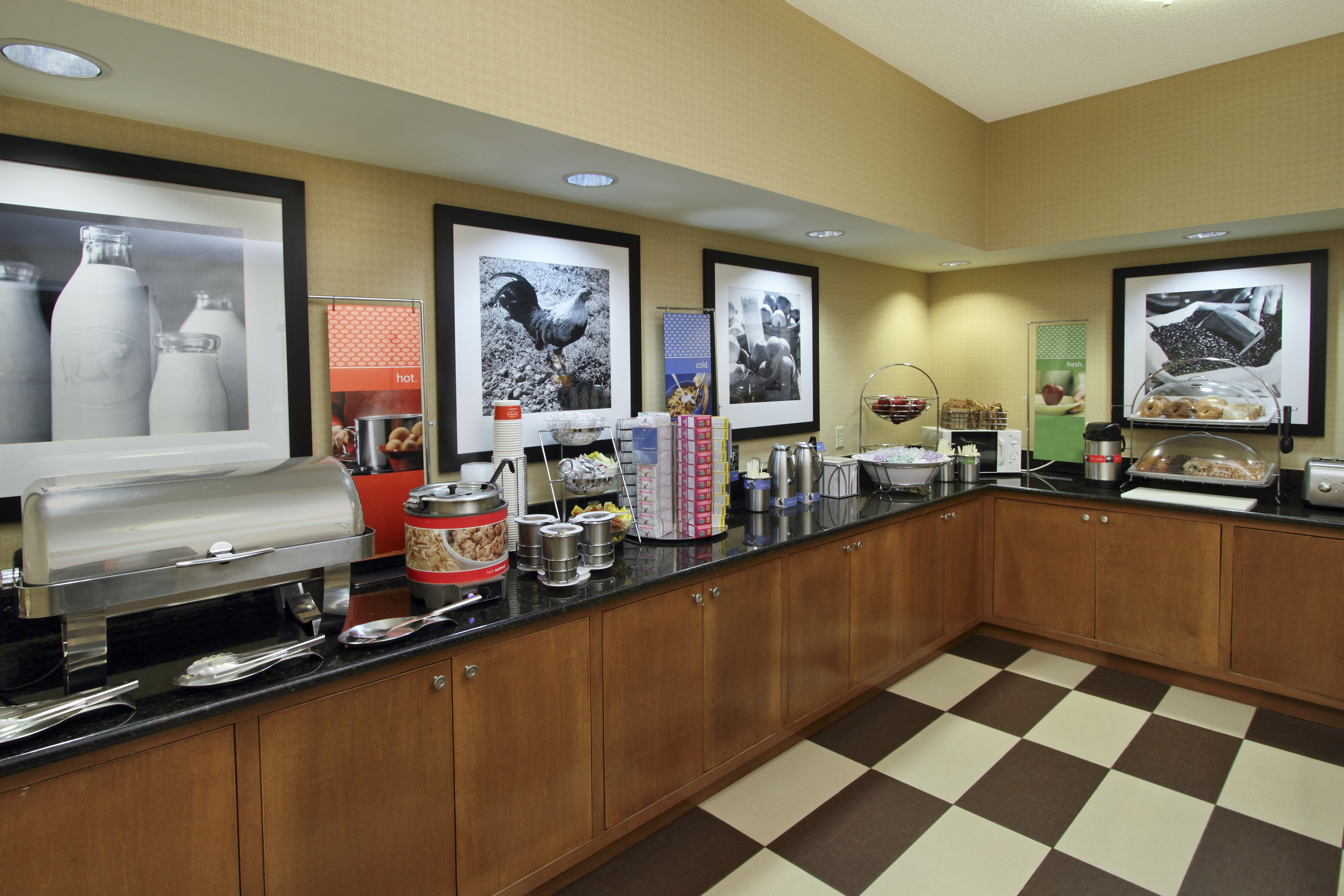 Hot and Cold Buffet Selections on Counters of Breakfast Area