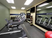 Fitness Center With Cardio Equipment, Free Weights, Two Large Mirrors, TV, Weight Balls, and Red Exercise Ball