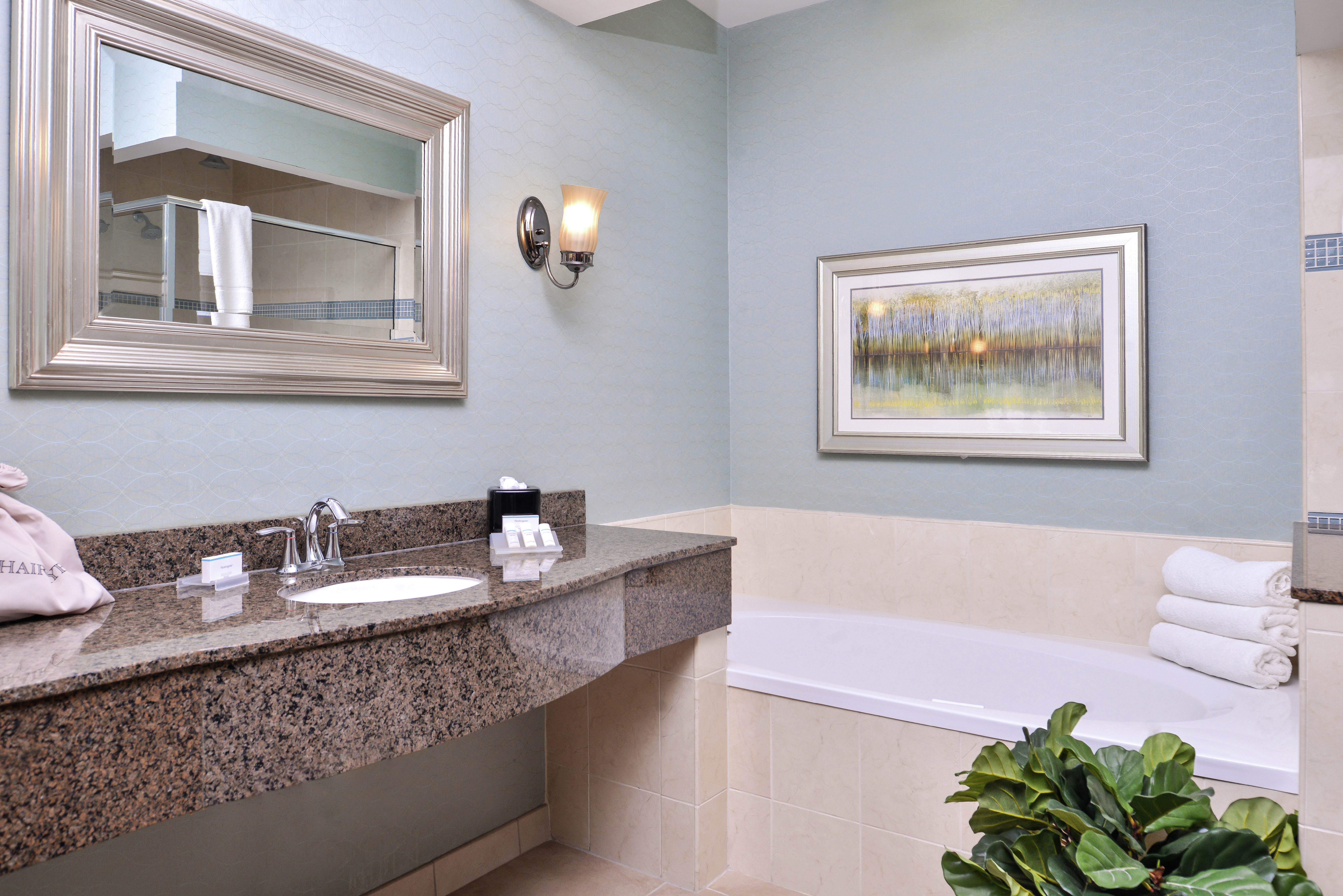 King Suite Bathroom with Tub, Vanity, and Amenities