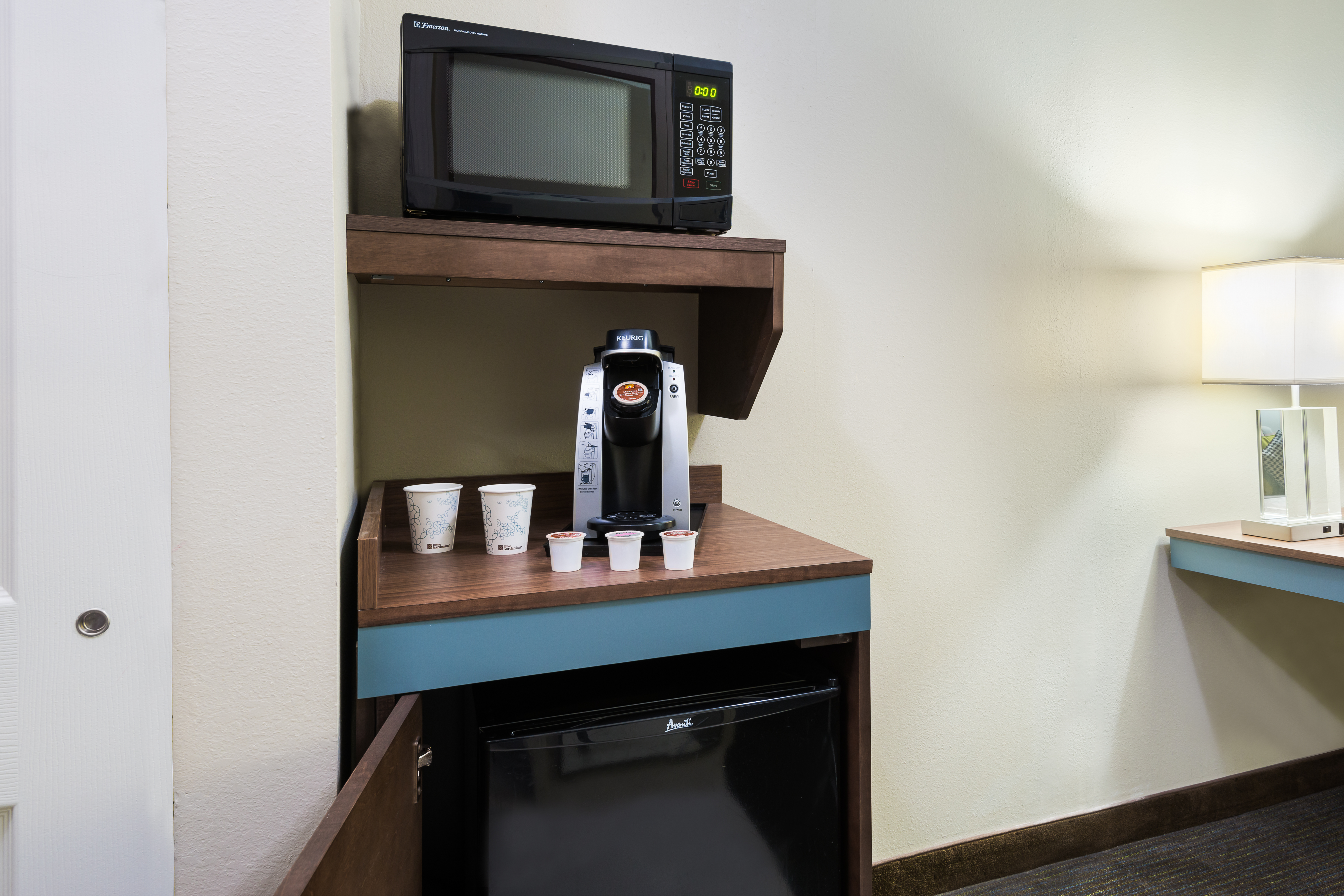 Hospitality Center With Microwave, Coffee Maker, and Mini Fridge