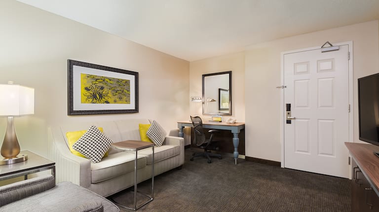 Junior Suite Living Room With Illuminated Lamp, Wall Art, Seating, Work Desk, Entry, and TV