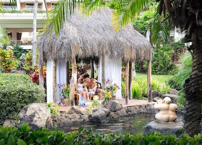 couple relaxing in courtyard