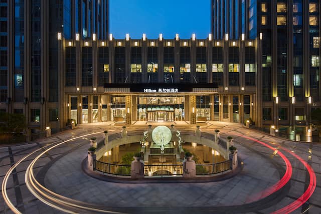 Illuminated Hotel Exterior at Night