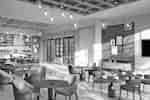 Dining area with tables, chairs, wall-mounted TV and art on wall