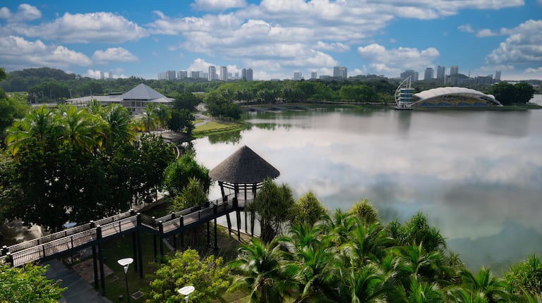 Aerial view of lake near hotel