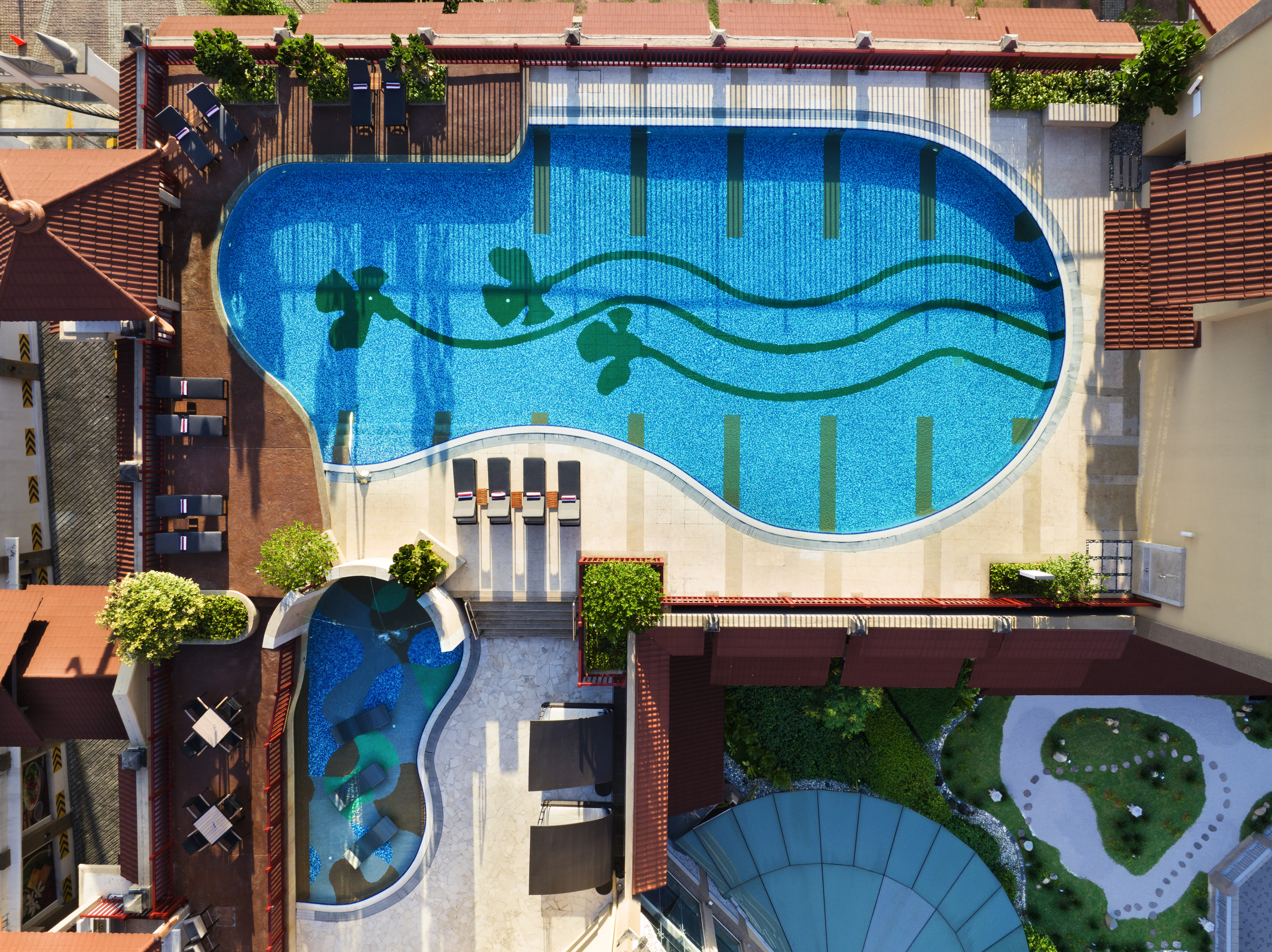 aerial view of rooftop pools