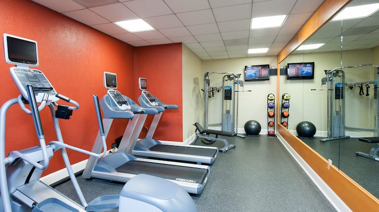 Fitness Center With Cardio Equipment, Weight Machine, TV, Exercise Ball, Weight Balls, and Mirrored Wall