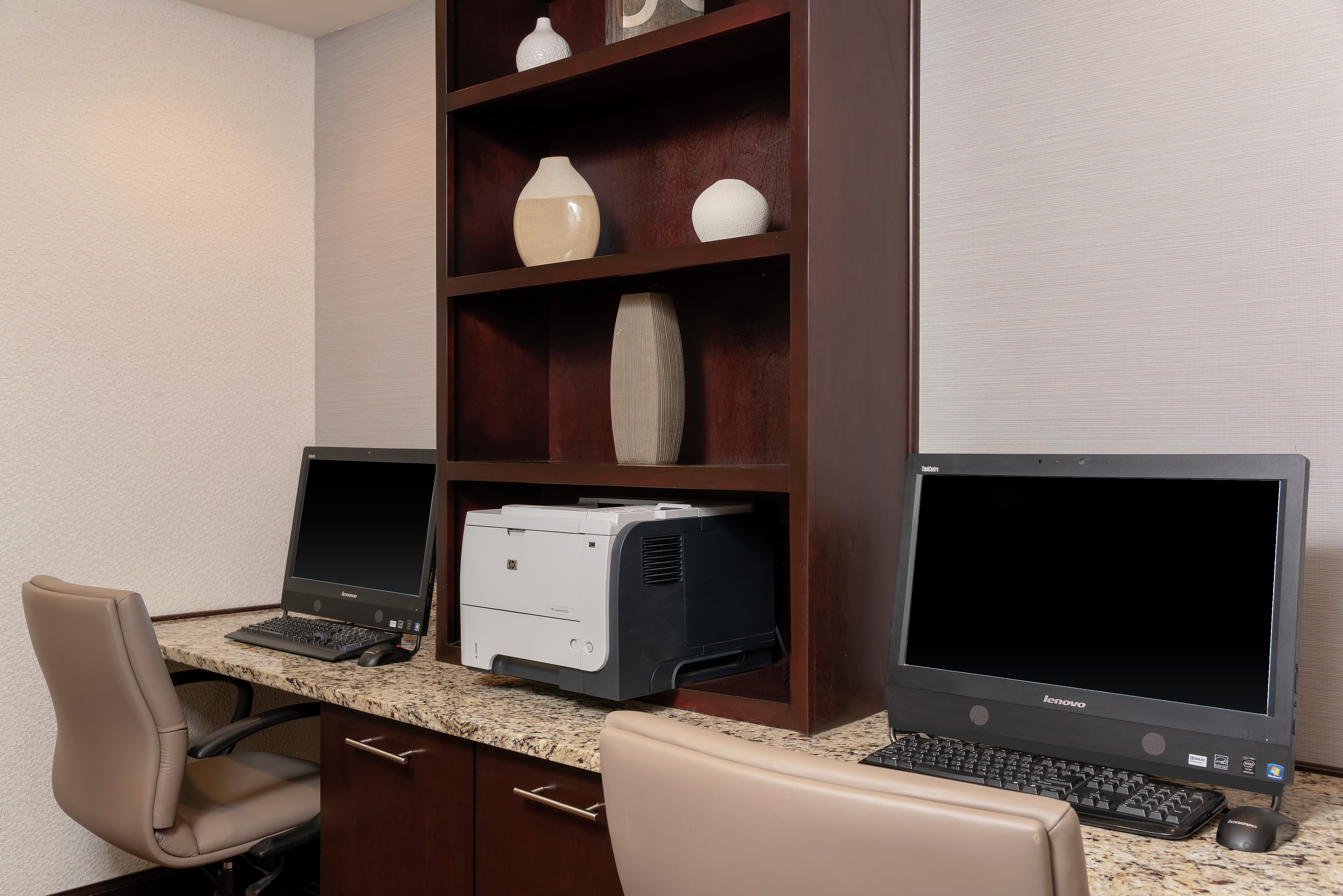 Business Center with Two Desktop Computers, Two Chairs and Printer
