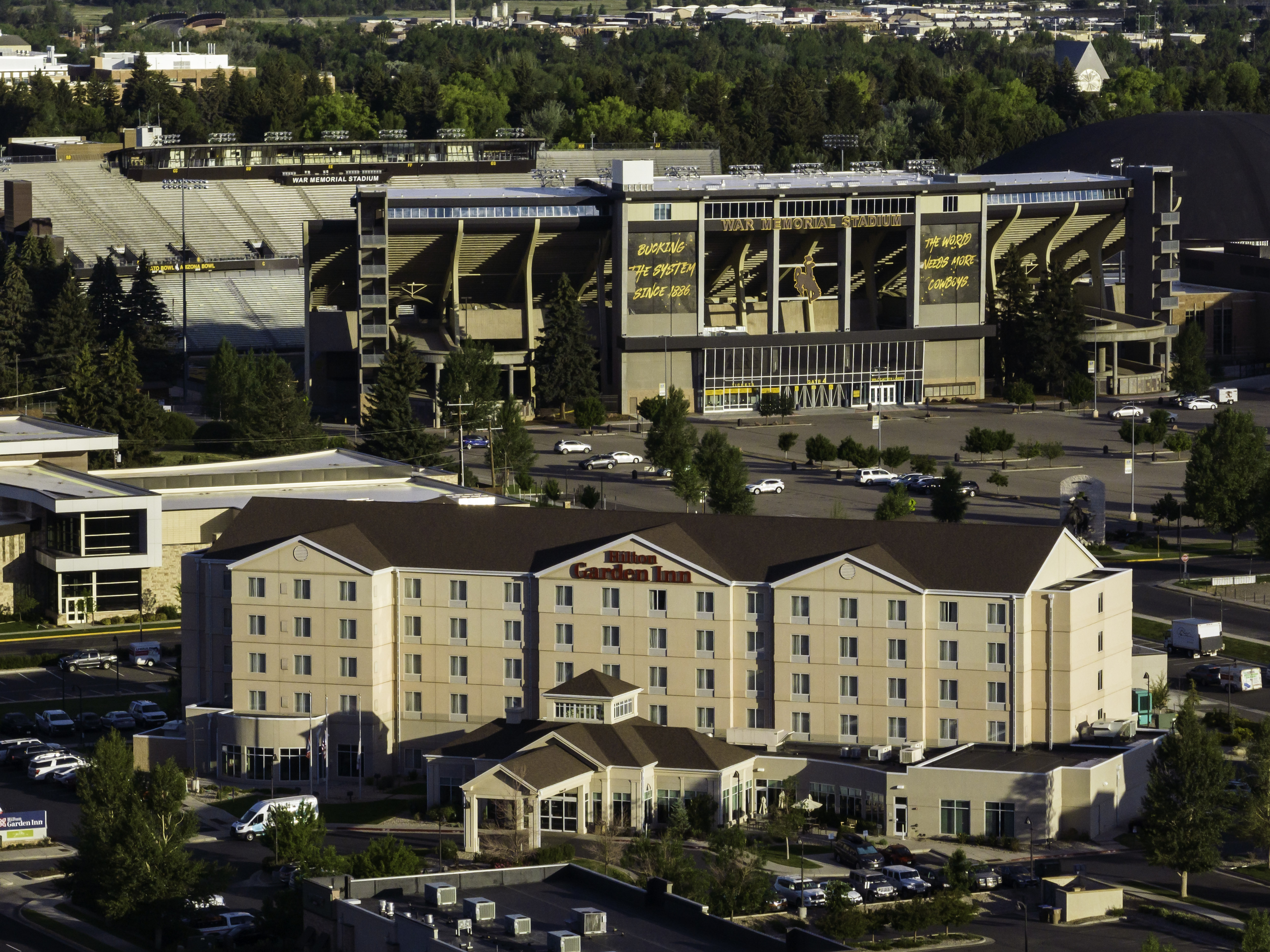 Aerial View of hotel with football stadium behind