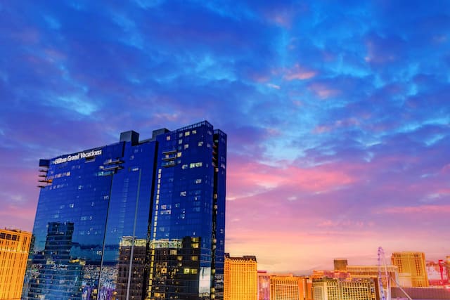 Hotel exterior at sunset