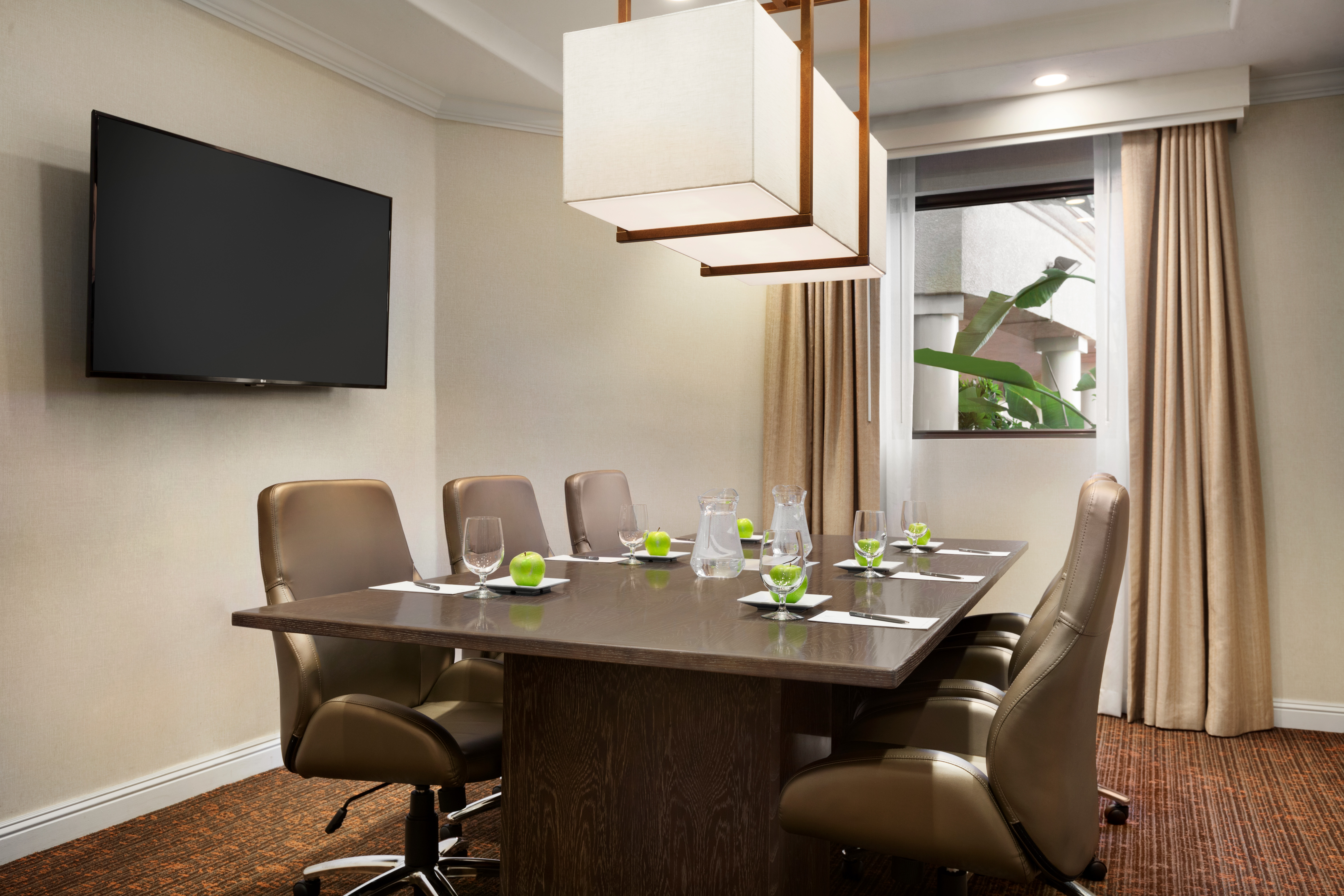 Boardroom with Conference Table, Outside View and Wall Mounted Television