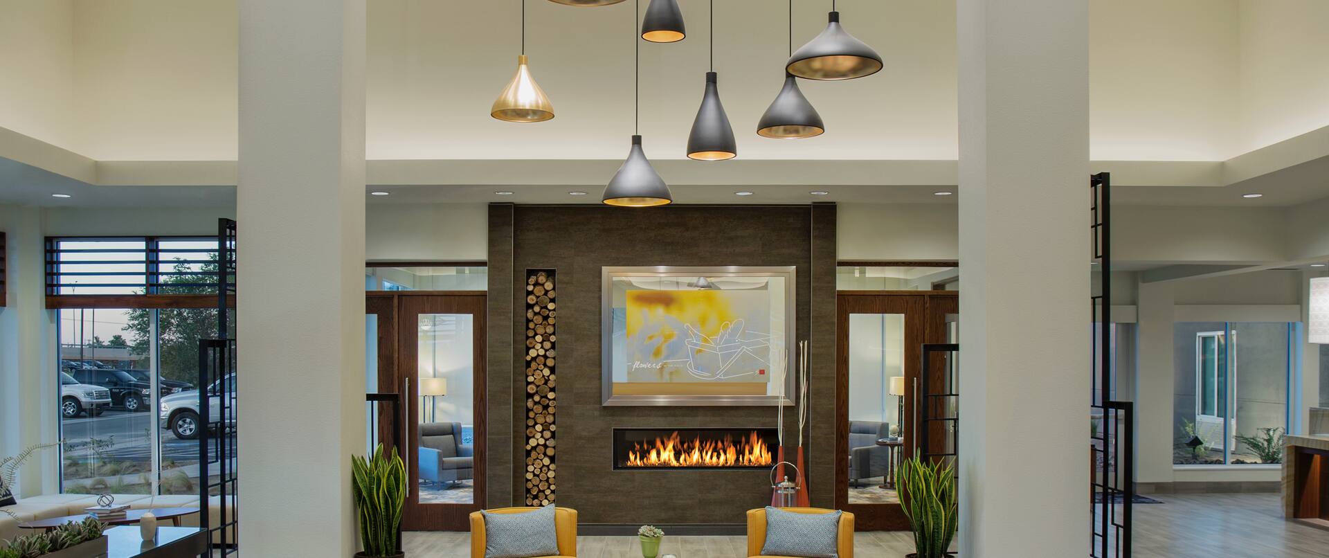 Lobby Area View With Soft Seating and Fireplace