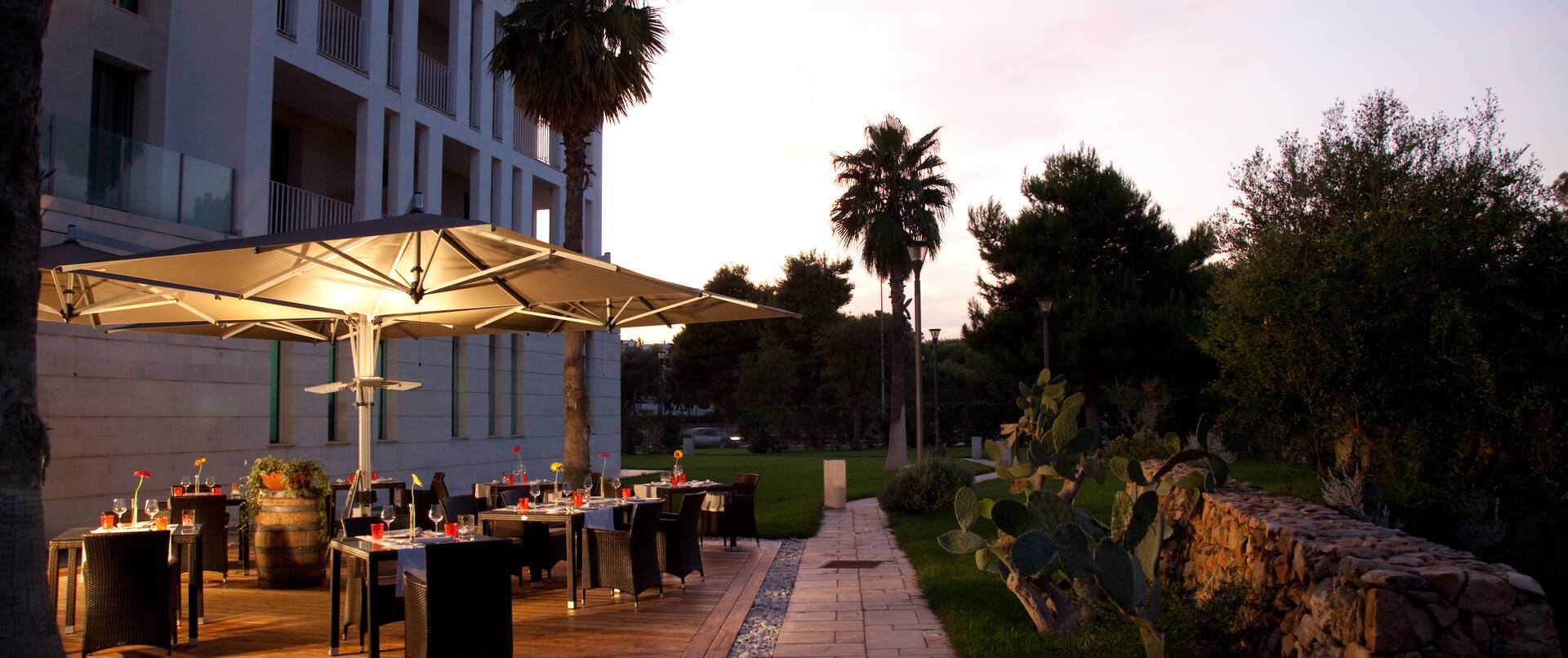 Outside Courtyard With Seating Under Illuminated Umbrellas Surrounded by Palm Trees at Dusk