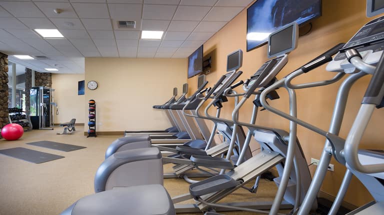 Fitness Center With Exercise Balls, Free Weights, Weight Bench, Wall Clock, Weight Balls, and Cardio Equipment Facing TVs
