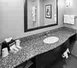  دش بأبواب زجاجية ولوحة فنية مثبتة على الحائط تنعكس في مرآة منضدة التزيين، وحوض، ووسائل راحة، ومناشف نظيفة في حمام غرفة نزلاء