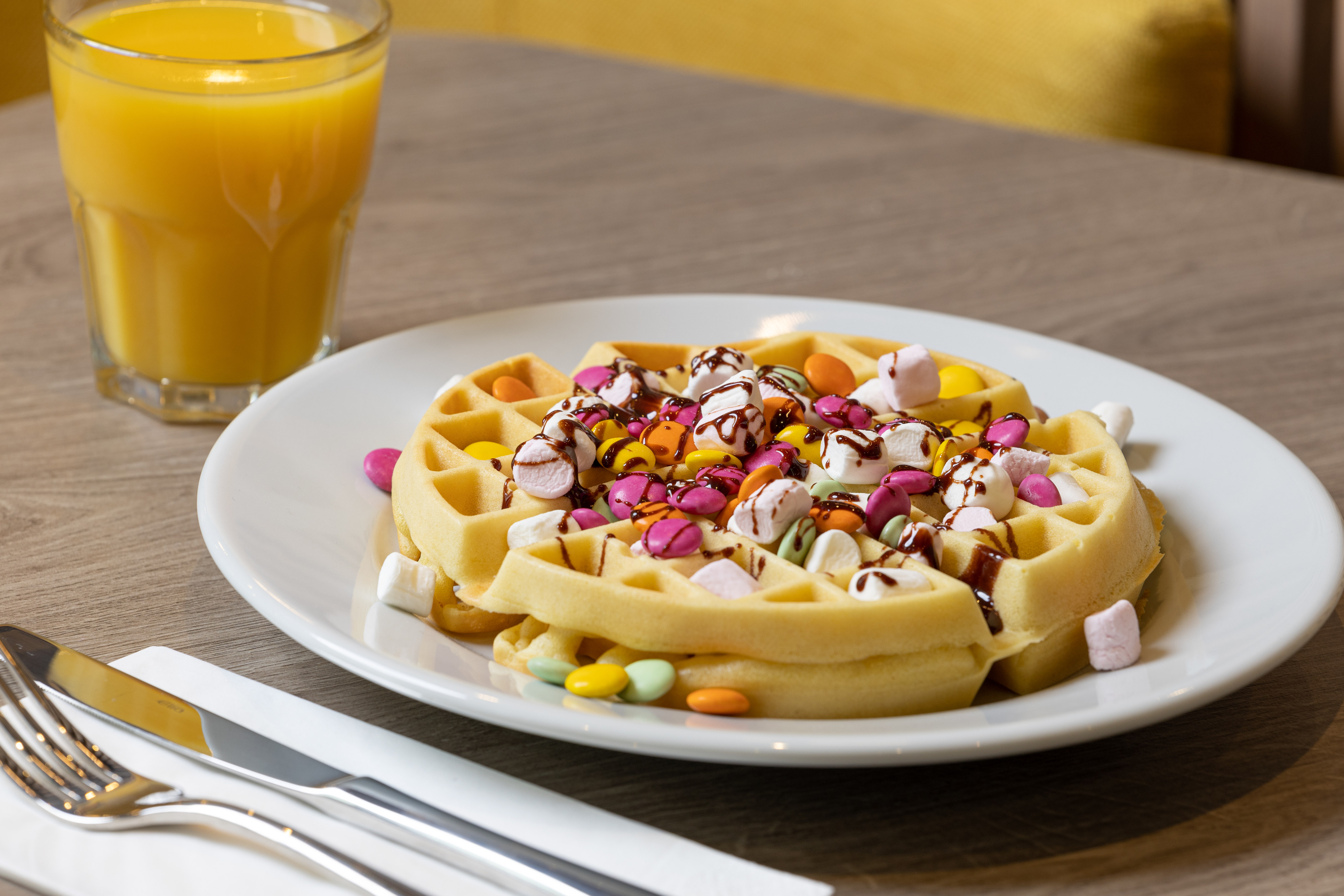 breakfast waffle and orange juice