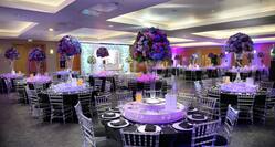 Overview of Banquet Space Set with Tall Flower Centerpieces, Black Table Coverings