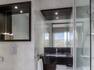 Wall Mirror, Vanity Mirror, Sink, Fresh Towels, and Shower With Glass Doors and Handheld Showerhead in Family Room Bathroom